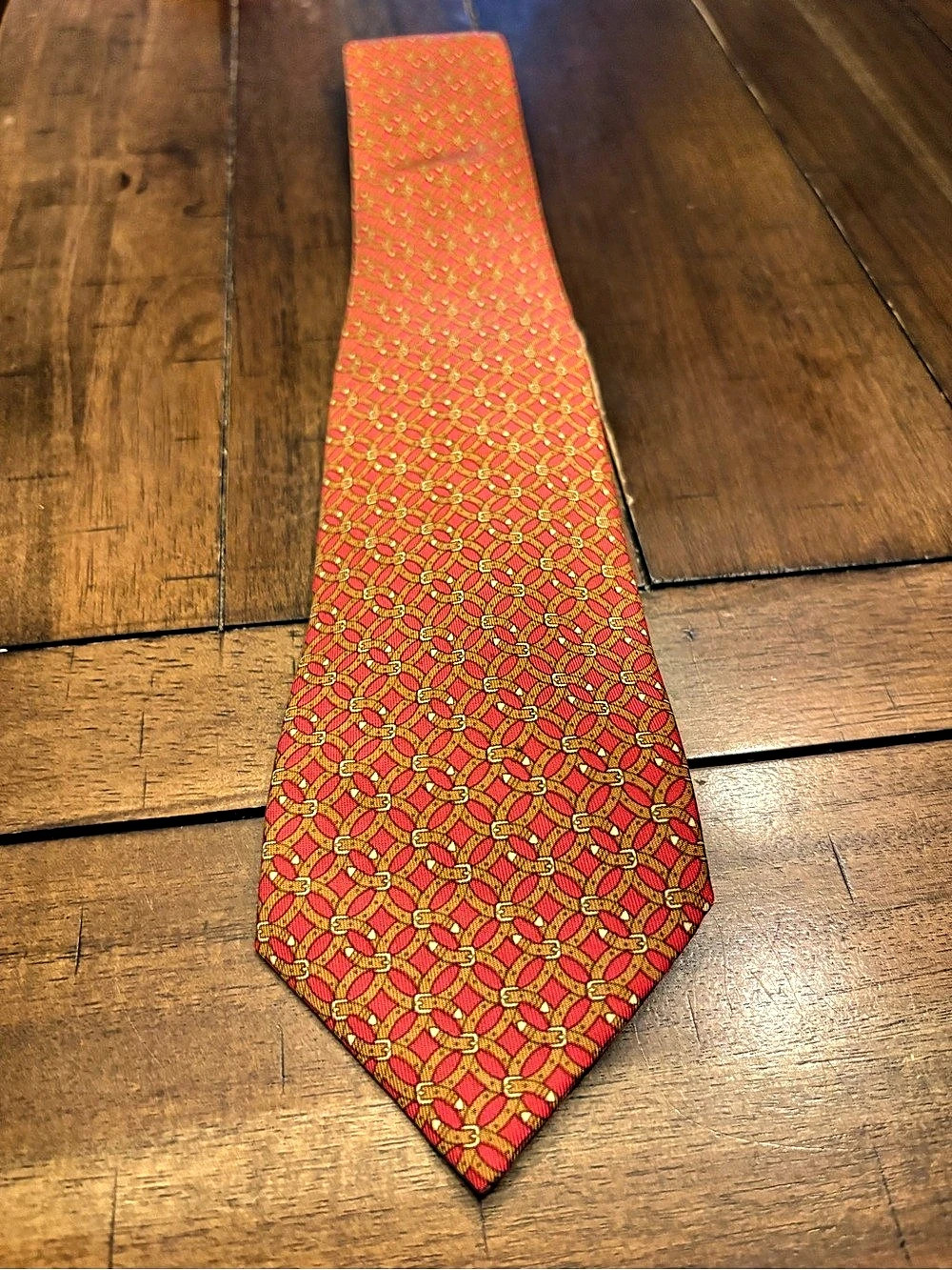 Hermès Vintage Belt Buckle Motif Silk Tie 7044 TA Red & Gold